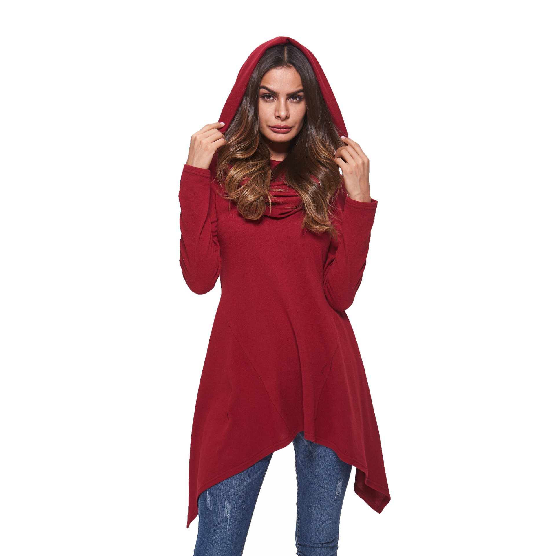 SZ60181-1 asymmetrical sweater dress for women cowl neck hooded knitwear